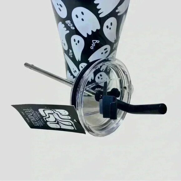 Wellness Double Wall Steel Black & White Tumbler Straw 30oz Halloween Boo Ghosts - Picture 3 of 3